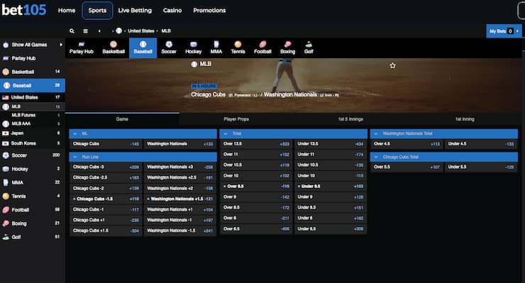 Odds display from Bet105, a major player among Washington DC online sportsbooks.